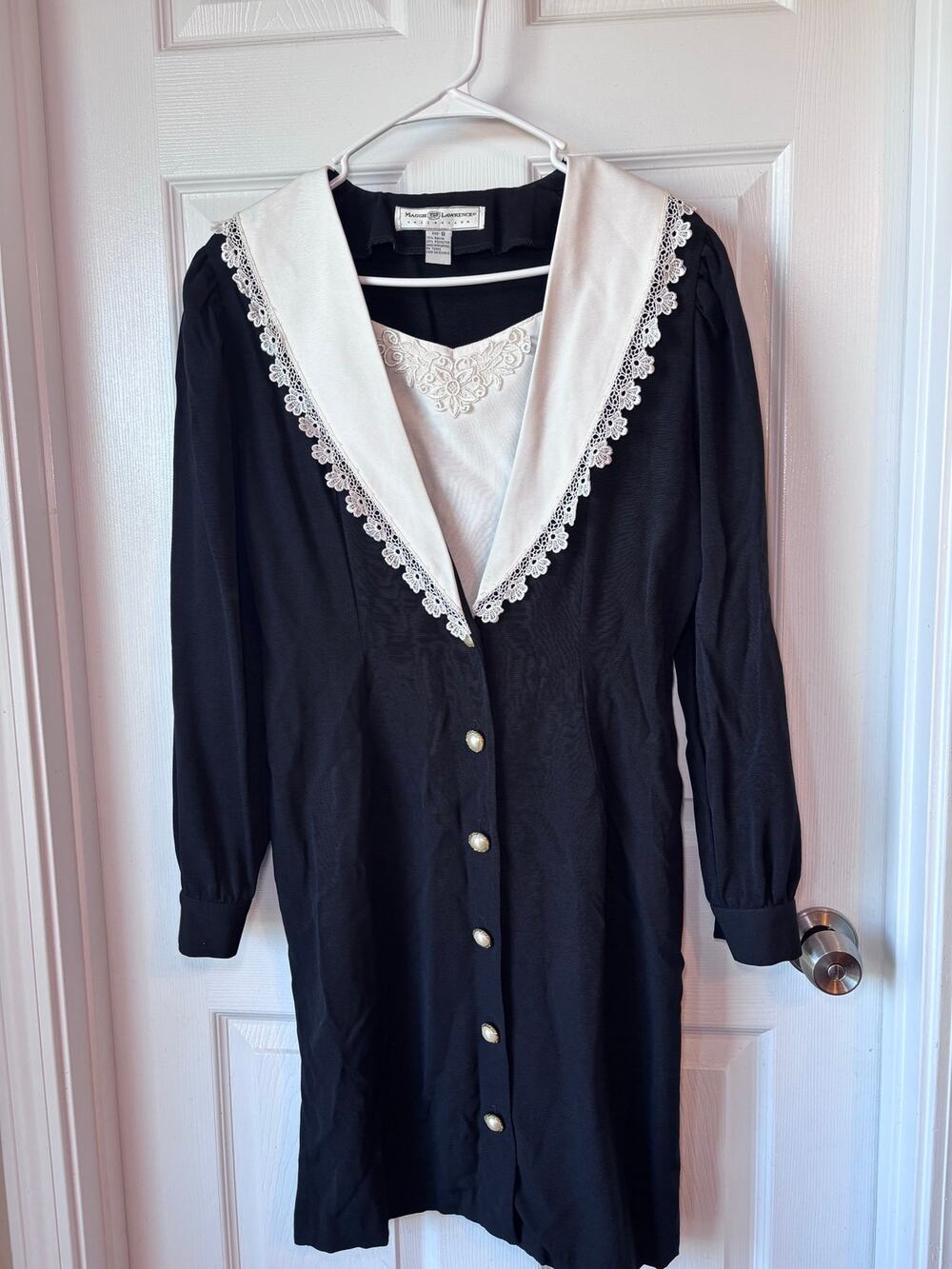 Vintage Maggie Lawrence Black Ivory Lace Sailor Collar Pearl Button Dress Size 8